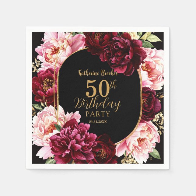 Elegant Burgundy and Blush Peony Floral Birthday Napkins (Front)