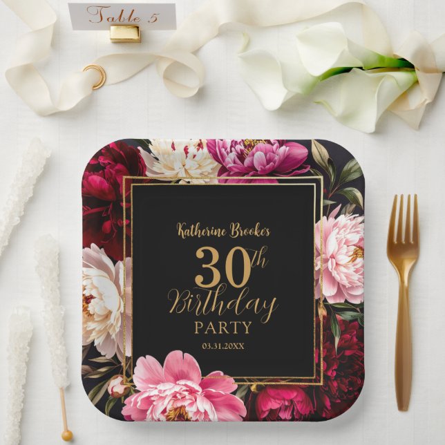 Elegant Burgundy and Blush Peony Floral Birthday Paper Plates (Wedding)
