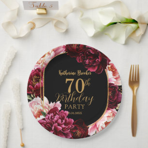 Elegant Burgundy and Blush Peony Floral Birthday Paper Plates