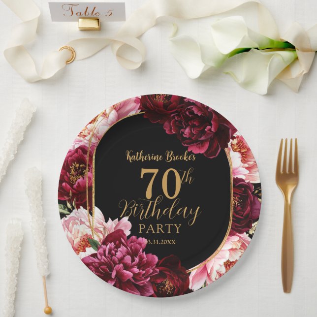 Elegant Burgundy and Blush Peony Floral Birthday Paper Plates (Wedding)
