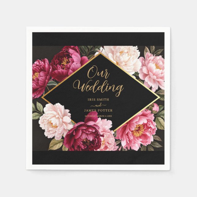Elegant Burgundy and Blush Peony Floral Wedding Napkins (Front)
