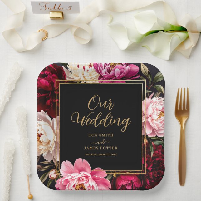 Elegant Burgundy and Blush Peony Floral Wedding Paper Plates (Wedding)