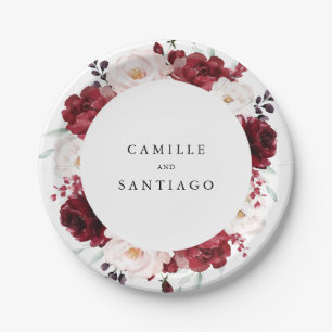 Elegant Burgundy and Blush Pink Floral Wedding Paper Plates