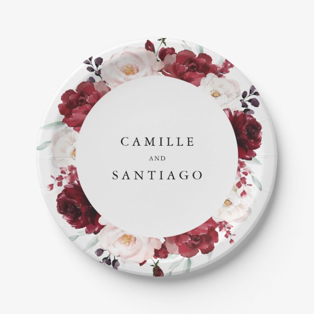 Elegant Burgundy and Blush Pink Floral Wedding Paper Plates (Front)