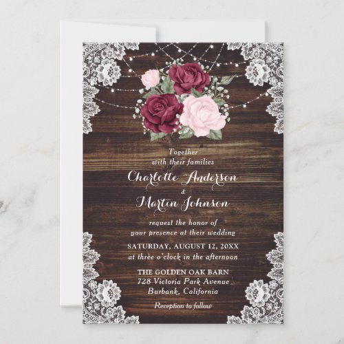 Elegant Burgundy and Blush Rustic Floral Wedding Invitation
