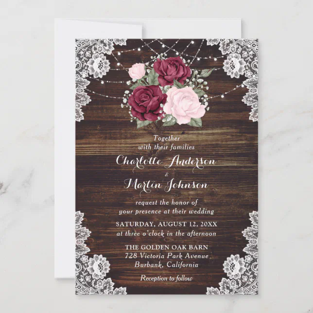 Elegant Burgundy and Blush Rustic Floral Wedding Invitation | Zazzle