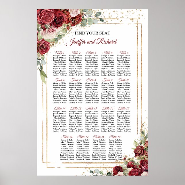 Elegant Burgundy and blush Tables seating Chart (Front)