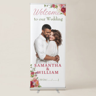 Elegant Burgundy and Crimson Blush Floral Wedding Retractable Banner
