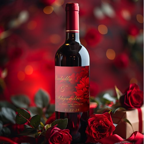 Elegant Burgundy and Crimson Red Floral Wedding  Wine Label