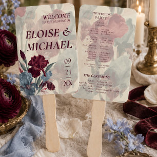 Elegant Burgundy and Dusty Blue Wedding Program Hand Fan