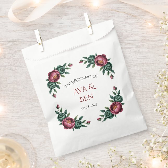 Elegant Burgundy and Emerald Peony Wedding Favor Bag (Clipped)