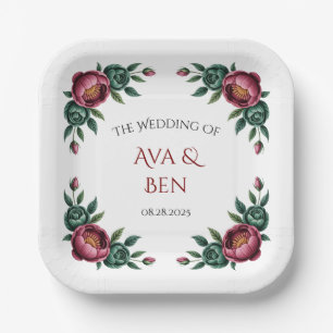 Elegant Burgundy and Emerald Peony Wedding Paper Plates