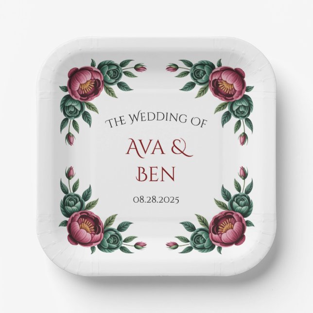 Elegant Burgundy and Emerald Peony Wedding Paper Plates (Front)