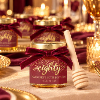 Elegant Burgundy and Gold 80th Birthday Honey Jar Favors