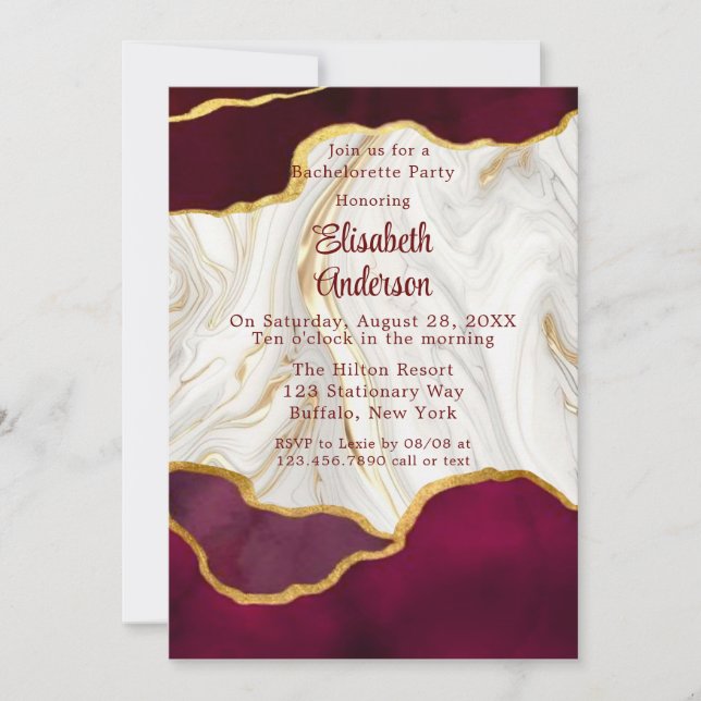 Elegant Burgundy and Gold Agate Bachelorette Party Invitation (Front)