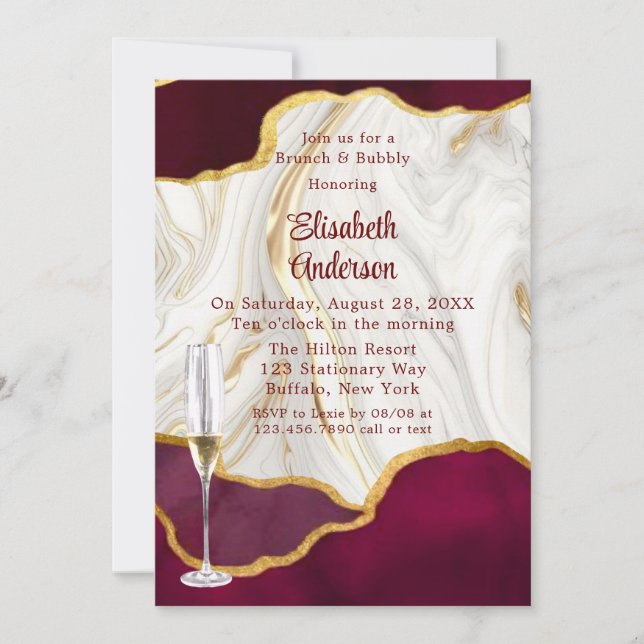 Elegant Burgundy and Gold Agate Brunch & Bubbly Invitation (Front)