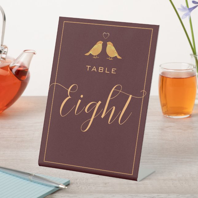 Elegant Burgundy and Gold Birds Table Number Eight Pedestal Sign (In SItu)