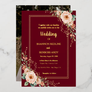Elegant Burgundy and Gold blush floral wedding Foil Invitation