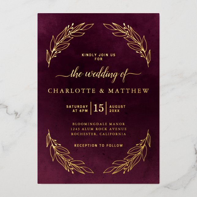 Elegant Burgundy and Gold Botanical Wedding Foil Invitation (Front)
