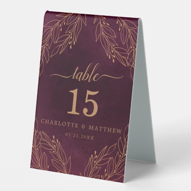 Elegant Burgundy and Gold Botanical Wedding Number Table Tent (Front)