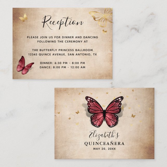 Elegant Burgundy and Gold Butterfly Details Enclosure Card (Front/Back)