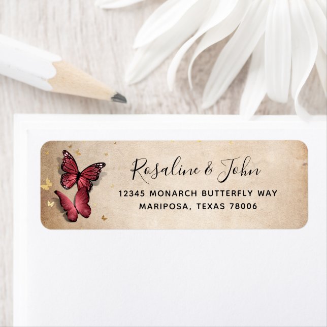 Elegant Burgundy and Gold Butterfly Return Address Label (Insitu)