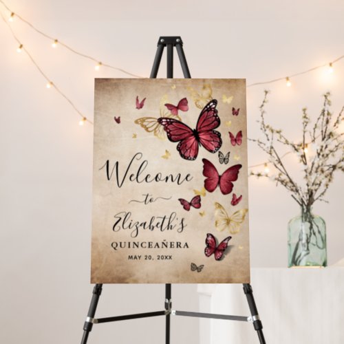Elegant Burgundy and Gold Butterfly Welcome Foam Board
