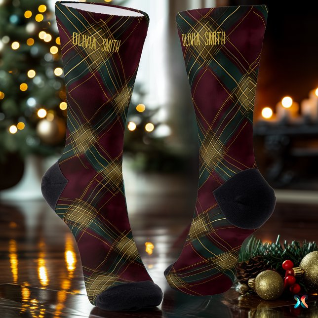 Elegant Burgundy and Gold Christmas Plaid Custom Socks (Creator Uploaded)