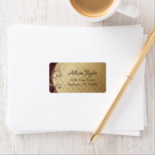 Elegant Burgundy and Gold Damask Label