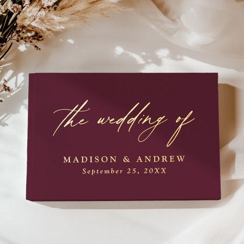 Elegant Burgundy and Gold Foil Calligraphy Wedding Foil Guest Book