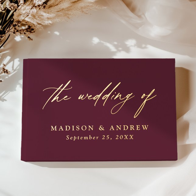 Elegant Burgundy and Gold Foil Calligraphy Wedding Foil Guest Book (Creator Uploaded)