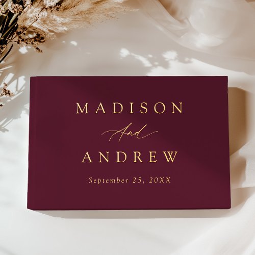 Elegant Burgundy and Gold Foil Calligraphy Wedding Foil Guest Book