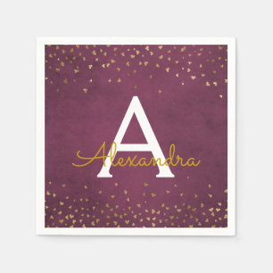 Elegant Burgundy and Gold Foil Confetti Monogram Napkins