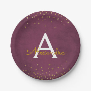 Elegant Burgundy and Gold Foil Confetti Monogram Paper Plates