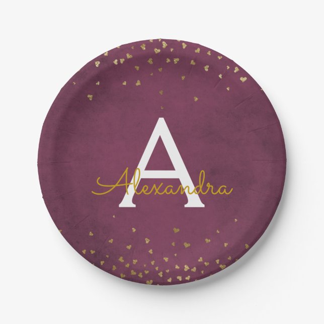 Elegant Burgundy and Gold Foil Confetti Monogram Paper Plates (Front)