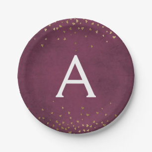 Elegant Burgundy and Gold Foil Confetti Monogram Paper Plates