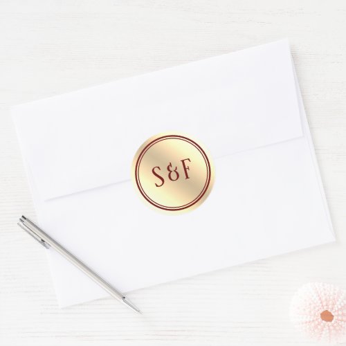 Elegant Burgundy and Gold Foil Monogram Classic Round Sticker