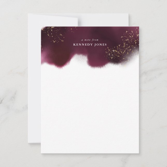 Elegant Burgundy and Gold Glitter Personalized Note Card (Front)