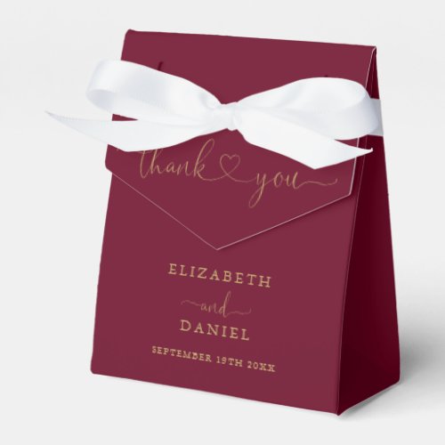 Elegant Burgundy And Gold Heart Script Wedding Favor Boxes