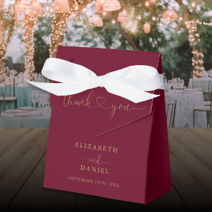 Elegant Burgundy And Gold Heart Script Wedding Favor Boxes