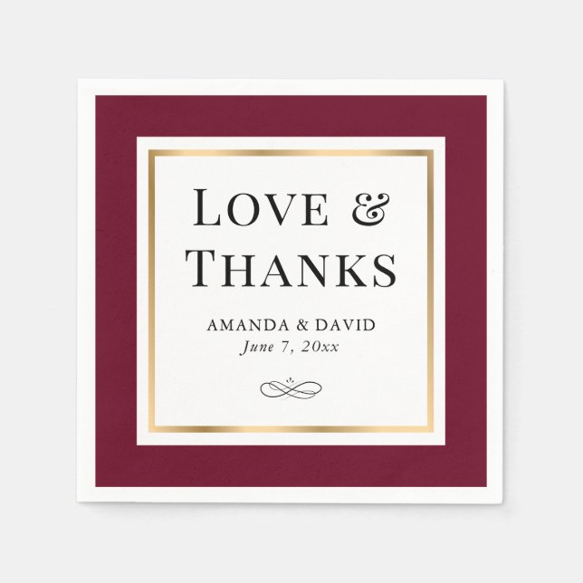 Elegant Burgundy and Gold Love and Thanks Wedding Napkins (Front)