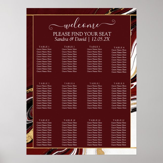 Elegant Burgundy and Gold Marble Wedding Poster (Front)