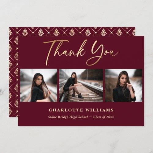 Elegant Burgundy and Gold Photo Collage Graduation Thank You Card