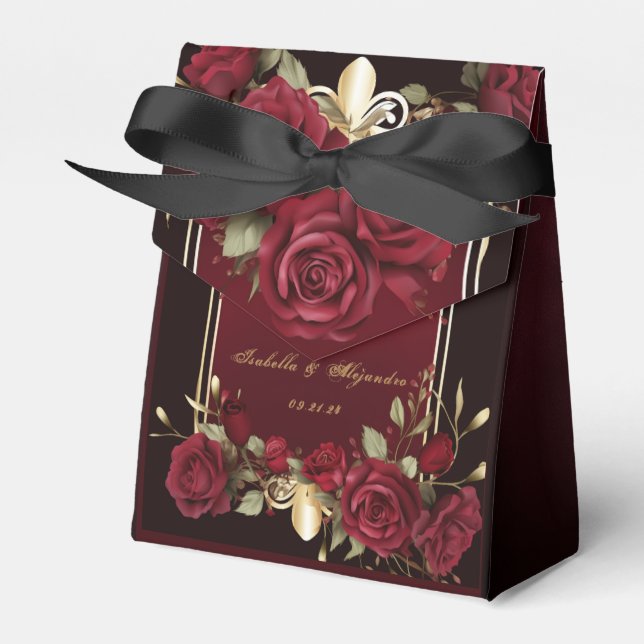 Elegant Burgundy and Gold Rose Wedding  Favor Boxes (Front Side)