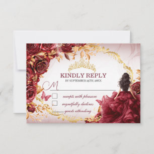 Elegant Burgundy and Gold Roses Quinceañera RSVP Note Card