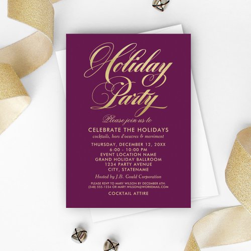 Elegant Burgundy and Gold Script Holiday Party Invitation