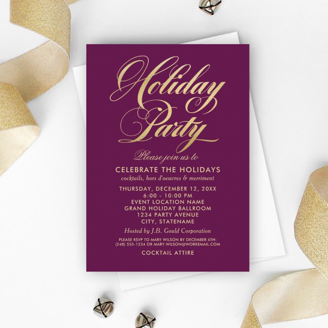 Elegant Burgundy and Gold Script Holiday Party Invitation (Creator Uploaded)