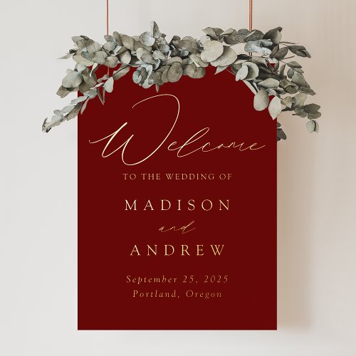 Elegant Burgundy and Gold Script Wedding Welcome Foil Prints