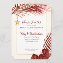 Elegant Burgundy and Gold Tropical Holiday Party Invitation