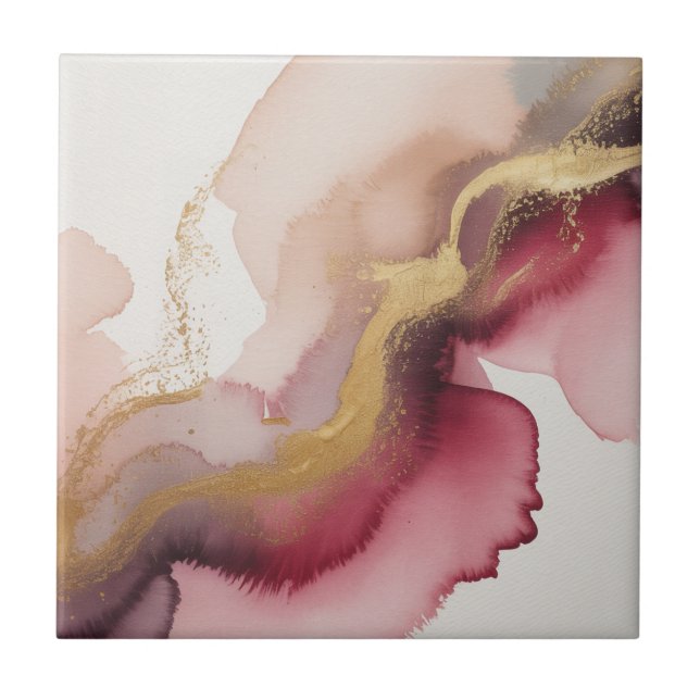 Elegant Burgundy and Gold Watercolor Art Ceramic Tile (Front)